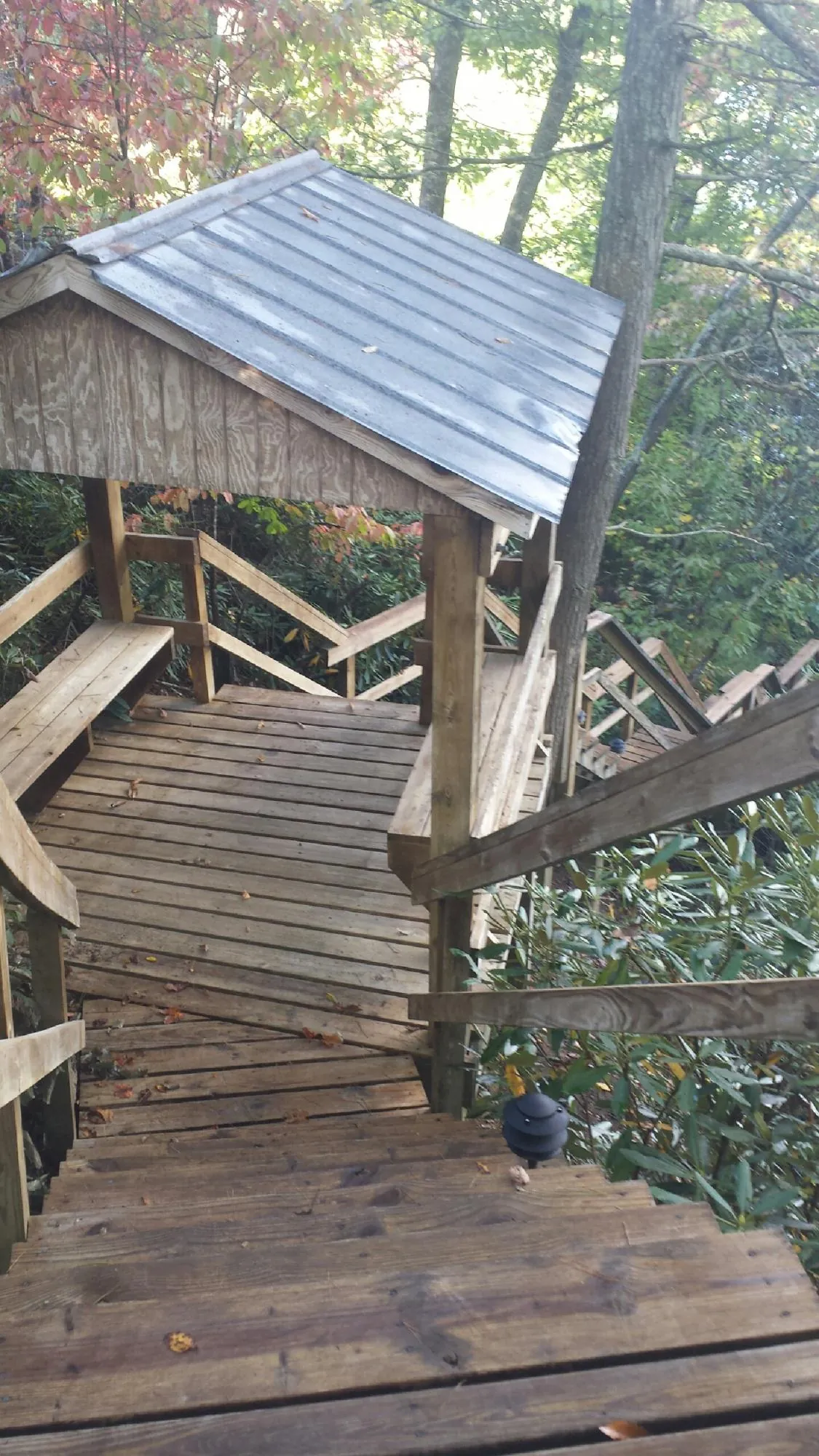Metal roofed shelter over wooden steps on a wooded walkway — Skylight Repair & Installation work by our crew in Harlingen